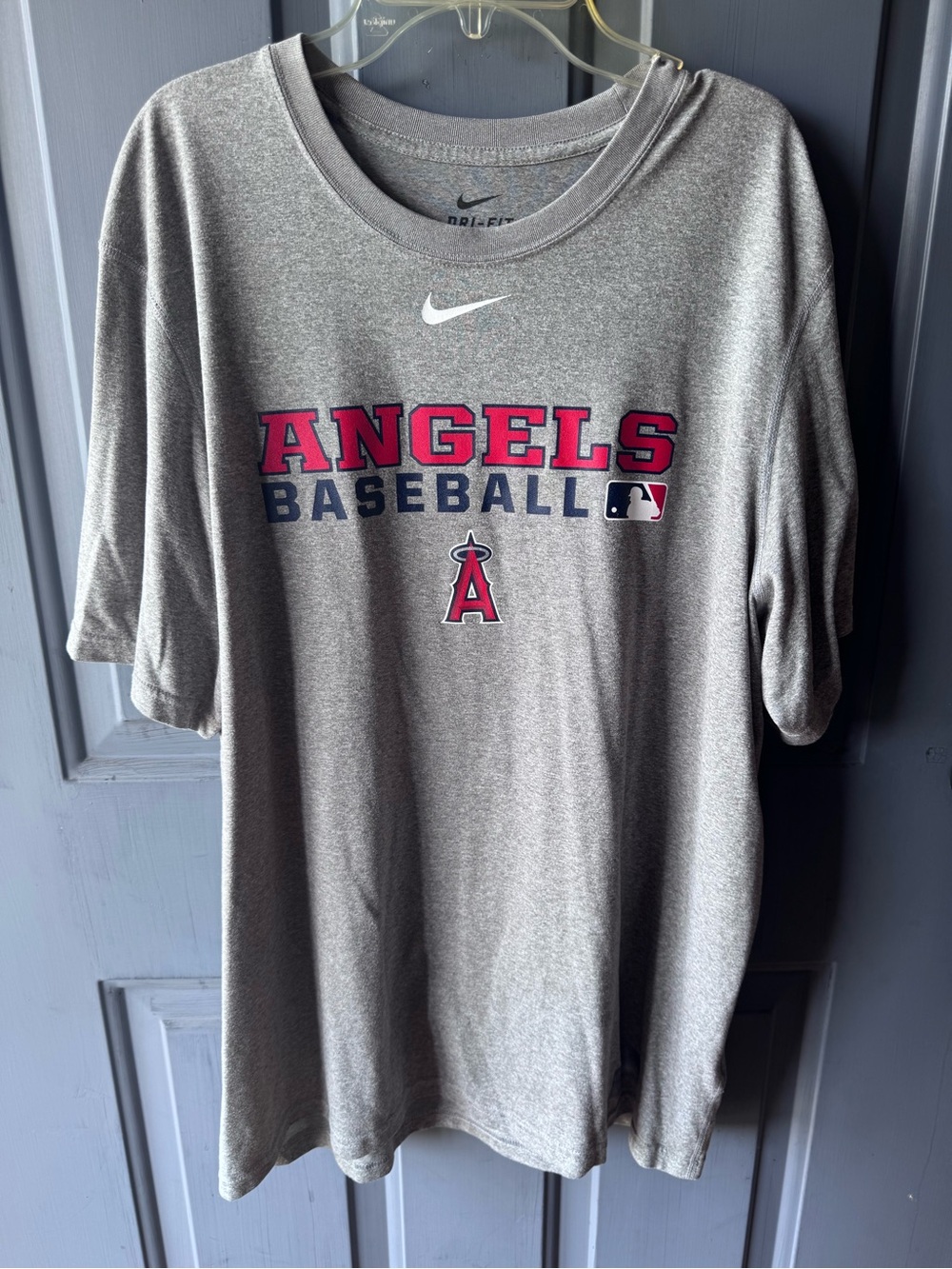 Nike Gray Short-Sleeve Angels Baseball Tee with Red and Navy Graphics